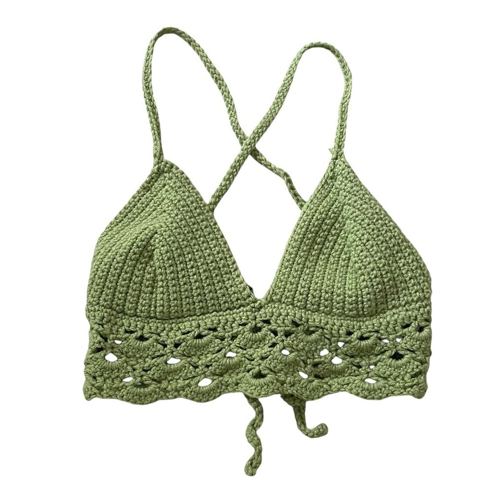 Hand Knit Green Crochet Knit Bra Top One Size